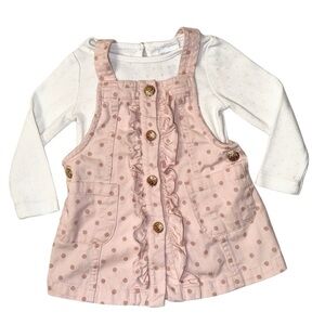 Jillian’s Closet Baby Girl Pink Polka Dot Denim Overall Dress With Top Size 12M